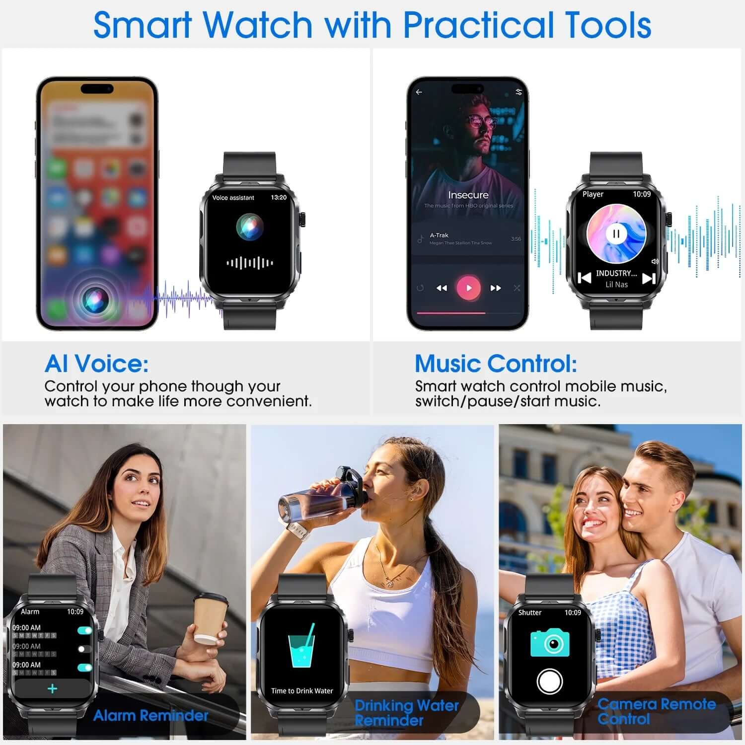 Smart Watch for Android and Iphone, H5 IP68 Waterproof Smartwatch for Women Men , Smart Watch with Bluetooth Call(Answer/Make Calls), Black