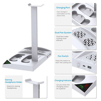 Charger Stand with Cooling Fan for Xbox Series S Console and Controller,Vertical Dual Charging Dock Accessories with 2 X 1400Mah Rechargeable Battery and Cover, Earphone Bracket for XSS