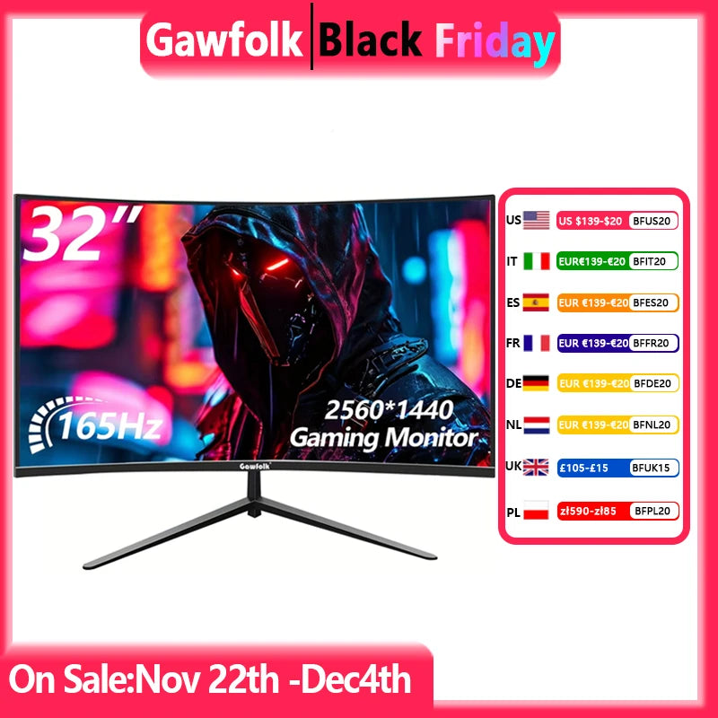 32 inch Gaming Monitor 2560*1440 1800R Curved Monitors 165HZ PC Monitors VA Screen for Home, Office ,Support HDTV & DP