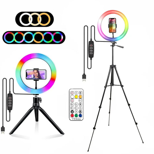 RGB Selfie Ring Light W/ Tripod Stand & Phone Holder Multi Brightness Levels 120 LED Bulbs Dimmable Selfie Ring light for Live Stream Makeup Youtube Video Photography Shooting