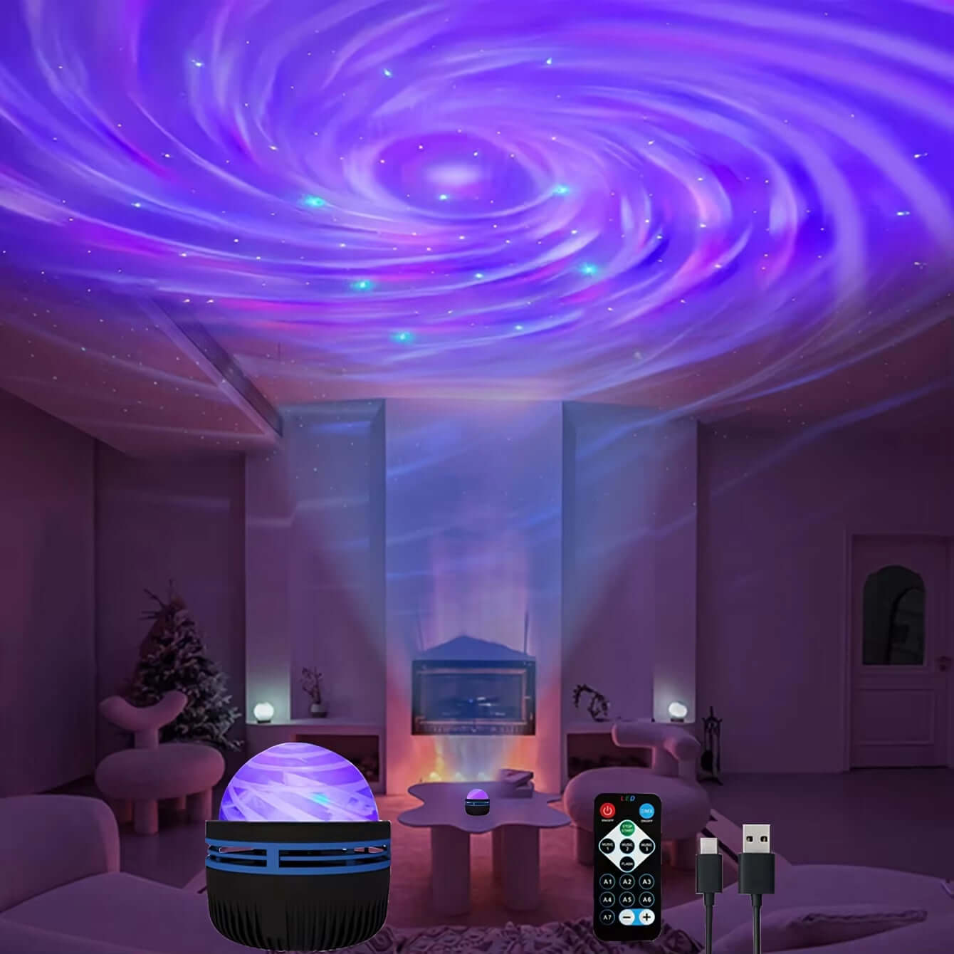 Starry Sky Galaxy Lamp Projector LED Night Light Remote Control Sound Active 5V USB Charging 7 Modes for Kids Room Party Decor